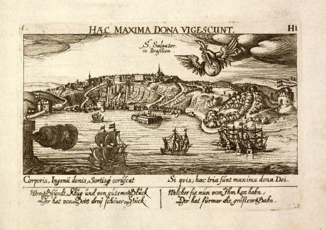 Antike Landkarten, Meissner, Südamerika, Brasilien, Salvador da Bahia, 1638: S. Salvator in Brasilien