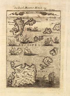 Antike Landkarten, Mallet, Griechenland, Mykonos, Naxos, Ägäis, 1686: Die Insel Micone Nixia etc.