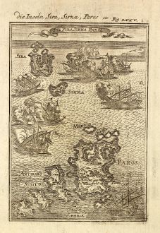 Antike Landkarten, Mallet, Griechenland, Kykladen, Paros, Syros, Antiparos, 1686: Die Inseln Sira, Sirna, Paros / I. de Sira Sirna Paros