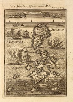 Antike Landkarten, Mallet, Griechenland, Kykladen, Milos, Sifnos, 1686: Die Inseln Sifano und Milo / I. de Sifanto et de Milo