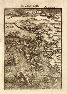 Antike Landkarten, Mallet, Griechenland, Korfu, Ionischen Inseln, 1686: Die Insel Corfu / Isle de Corfou