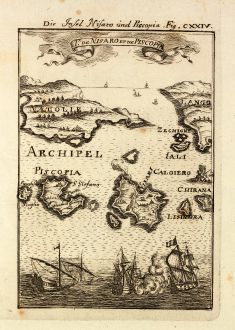 Antike Landkarten, Mallet, Griechenland, Ägäis, Tilos, Nisyros, 1686: Die Insel Nisaro und Piscopia / Is. de Nisaro et de Piscopia