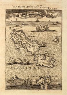 Antike Landkarten, Mallet, Griechenland, Andros, Tinos, Kykladen, 1686: Die Inseln Andro und Tine / I d'Andro et de Tine