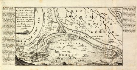 Antique Maps, Bodenehr, Poland, West Prussia, Vistula, Gdansk, 1722: Eigentliche Abbildung wie Ao 1657. den 27. Febr. die Schweden den Weixel Damm durch-stochen u. den ganzen Dantziger Werder...