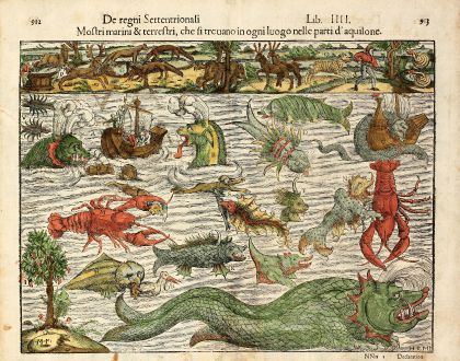 Antike Landkarten, Münster, Meeresungeheuer des 16. Jahrhunderts, 1550: Mostri marini & terrestri, che si trouano in ogni luogo nelle parti d' aquilone