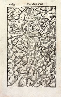 Antike Landkarten, Münster, Schweiz, Wallis / Portrait Sebastian Münster, 1550: Valesia / Wallisserlandt