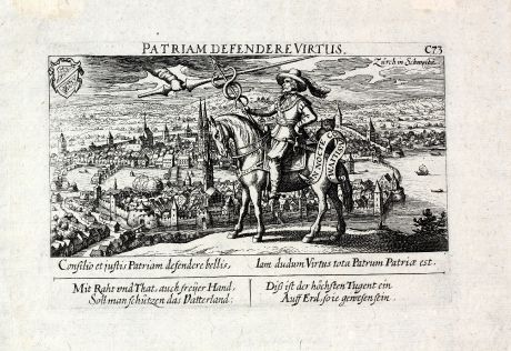 Antike Landkarten, Meissner, Schweiz, Zürich, 1638: Patriam Defendere Virtus / Zürich in Schweitz