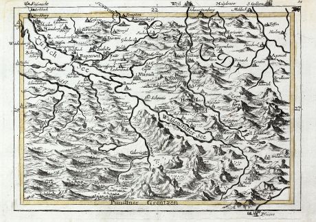 Antike Landkarten, Bodenehr, Schweiz, Walensee, Zürichsee, 1720: [Walensee Zurichsee]