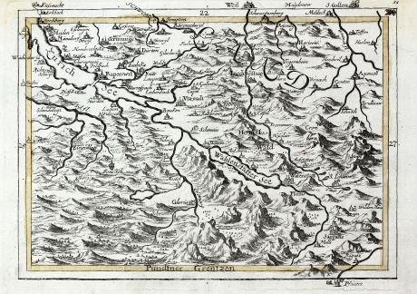Antique Maps, Bodenehr, Switzerland, Lake Zurich, Walensee, 1720: [Walensee Zurichsee]