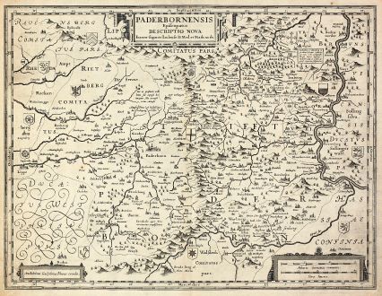 Antique Maps, Blaeu, Germany, North Rhein-Westphalia, Paderborn, 1630: Paderbornensis Episcopatus Descriptio Nova