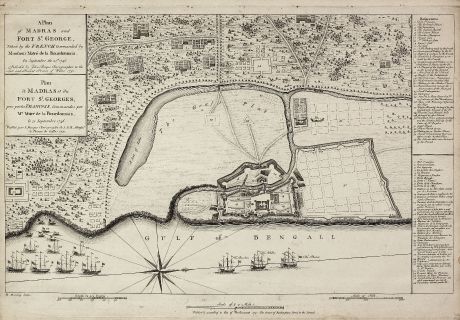 Antique Maps, Rocque, India, Madras, 1751: A Plan of Madras and Fort St. George, Taken by the French, Commanded by Monsieur Martre de la Bourdonnais. / Plan de Madras...