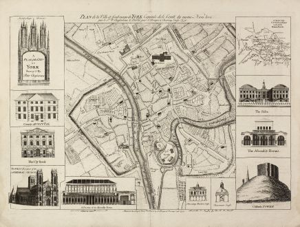 Antike Landkarten, Rocque, Britische Inseln, 10980, 1750: A Plan of the City of York Survey'd By Peter Chassereau / Plan de la Ville et foubourgs de York. Capitale de le Comté du...