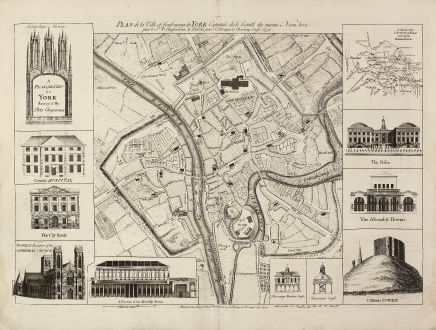 Antique Maps, Rocque, British Isles, York, 1750: A Plan of the City of York Survey'd By Peter Chassereau / Plan de la Ville et foubourgs de York. Capitale de le Comté du...