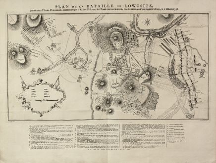 Antique Maps, de Hondt, Czechia - Bohemia, Lovosice, Lobositz, 1758: Plan de la Bataille de Lowositz, donné entre l'Armée Prussienne ...