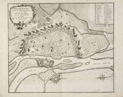 Antique Maps, le Rouge, Germany, Saxony-Anhalt, Magdeburg, 1757: Magdebourg Capitale du Duché de même Nom une des Fortes Places du Roy de Prusse à 24 Lieues en deca de Berlin