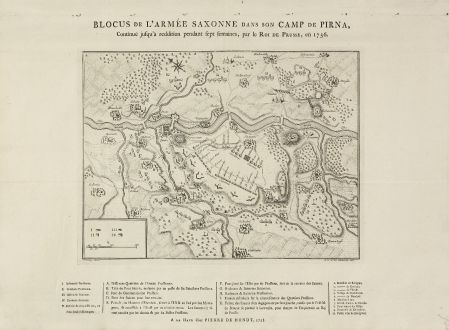 Antike Landkarten, de Hondt, Deutschland, Sachsen, Pirna, 1758: Blocus de l'Armée Saxonne dans son Camp de Pirna, Continué jusqu'à reddition pendant sept fermain, par le Roi de Prusse,...