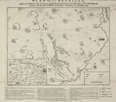 Antike Landkarten, de Hondt, Polen, Schlesien, Leuthen, 1758: Plan de la Bataille, gagnée par Sa Majesté le Roi de Prusse, sur l'Armée Autrichienne, aux ordres de S.A.R de Duc Charles...