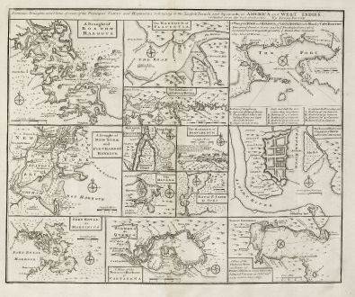 Antike Landkarten, Bowen, Nordamerika, New York, Boston, 1747: Particular Draughts and Plans of Some of the Principal Towns and Harbours Belonging to the English, French, and Spaniards,...