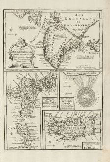 Antike Landkarten, Bowen, Skandinavien, Island, Grönland, Färöer Inseln, 1747: A Map of Old Greenland or Oster Bygd & Wester Bygd ... An Improved Map of Iceland ... A Map of the Islands of Ferro ... A...