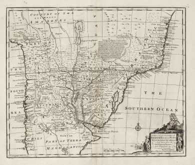 Antike Landkarten, Bowen, Südamerika, Brasilien, Peru, Bolivien, Paraguay, Uruguay: A New and Accurate Map of Paraguay, Rio de la Plata, Tucumania Guaria &c.