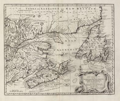 Antike Landkarten, Bowen, Nordamerika, Kanada, Neufundland, 1747: A New & Accurate Map of the Islands of Newfoundland, Cape Breton, St. John and Anticosta, Together with the Neighbouring...