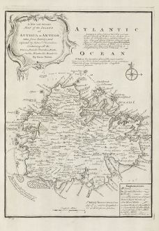 Antike Landkarten, Bowen, Mittelamerika - Karibik, West Indies, Antigua, 1747: A New and Accurate Map of the Island of Antigua or Antego ... Containing All the Towns, Parish Churches, Forts, Castles,...