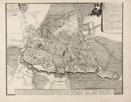 Antike Landkarten, Covens and Mortier, Belgien, Gent, 1740: Plan de la ville et citadelle de Gand qui fut assigée par les Hauts-Allièz le 18 décembre 1708, où l'on ouvrit la...