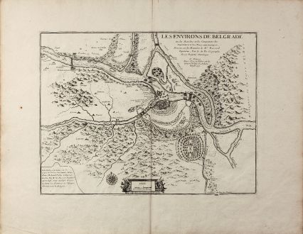 Antike Landkarten, de Fer, Balkan, Belgrad, 1717: Les Environs de Belgrade ou les Marches et les campemens des Imperiaux et des Turcs sont marquez.