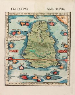 Antique Maps, Waldseemüller, India, Ceylon, Sri Lanka, Taprobana: Duodecima Asiae Tabula