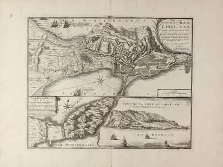 Antique Maps, de Fer, Spain - Portugal, Gibraltar, Ceuta, 1727: Nouveau Plan de la Ville de Gibraltar / Plan de la Ville de Ceuta / Veue de la Ville de Gibraltar