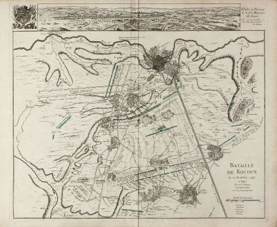 Antike Landkarten, le Rouge, Belgien, Lüttich, 1746: Bataille de Rocoux le 11. Octobre 1746 / Dedie et Presente a S.A.S. Maurice de Saxe. Par son tres humble et tres obeissant...