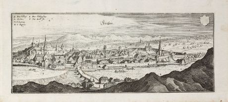 Antike Landkarten, Merian, Deutschland, Bayern, Allgäu, Füssen am Lech, 1643: Füeßen