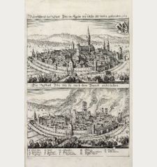 Wahre bildnuß der Statt Ysny im Algäw wie solche im wesen gestanden 1631. / Die Statt Ysni wie sie nach dem Brandt...