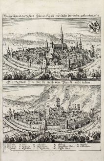 Antique Maps, Merian, Germany, Bavaria, Allgäu, Isny, 1643: Wahre bildnuß der Statt Ysny im Algäw wie solche im wesen gestanden 1631. / Die Statt Ysni wie sie nach dem Brandt...