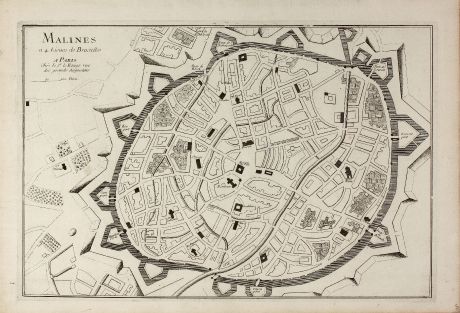 Antique Maps, le Rouge, Belgium, Antwerp, Mechelen, 1745: Malines a 4. Lieues de Bruxelles