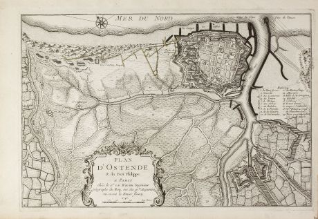 Antike Landkarten, le Rouge, Belgien, Westflandern, Ostende, Oostende, 1745: Plan d'Ostende & du Fort Philippe.