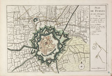 Antique Maps, le Rouge, Belgium, West Flanders, Veurne, 1746: Plan de Furnes et des Attaques de 1744 ...