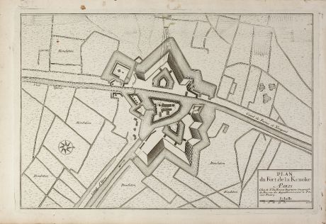 Antike Landkarten, le Rouge, Belgien, Westflandern, Fort Kenoque, 1746: Plan du fort de La Kenoke