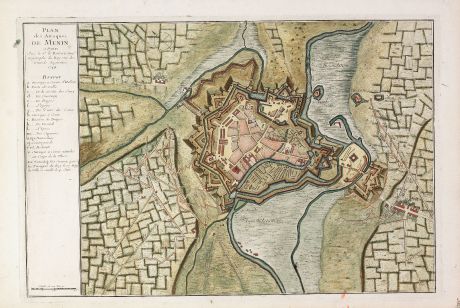 Antike Landkarten, le Rouge, Belgien, Westflandern, Menen, 1744: Plan des Attaques de Menin