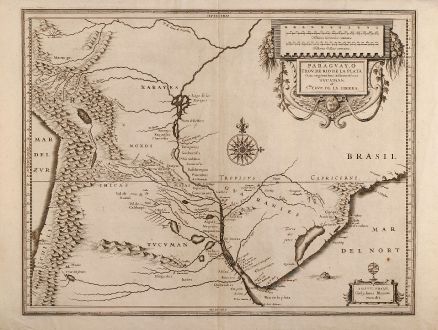 Antique Maps, Blaeu, South America, Paraguay, 1630: Paraguay, o Prov. de Rio de la Plata cum regionibus adiacentibus Tucuman et S.ta Cruz de la Sierra