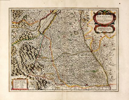 Antique Maps, Blaeu, Germany, Baden-Württemberg, Swabia, 1634: Alemannia sive Suevia Superior A. Christophoro Hurtero.