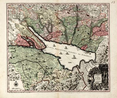 Antique Maps, Seutter, Germany, Baden-Württemberg, Lake of Constance, Bodensee: Lacus Bodamicus vel Acronius cum regionibus circumjacentibus recens delineatus a Matthaeo Seuttero, Sac. Caes. Maj. Geogr....