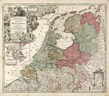 Antike Landkarten, Homann, Niederlande, New York, Jakarta, 1710: Belgii Pars Septentrionalis Communi Nomine vulgo Hollandia ... / Batavorum Coloniae Occidential Indiis Septentrionalis...