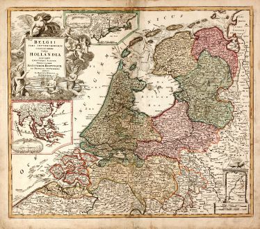 Antike Landkarten, Homann, Niederlande, New York, Jakarta, 1710: Belgii Pars Septentrionalis Communi Nomine vulgo Hollandia ... / Batavorum Coloniae Occidential Indiis Septentrionalis...