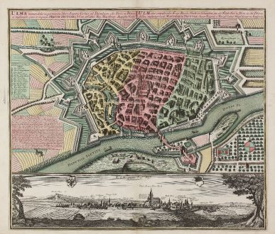 Antique Maps, Seutter, Germany, Baden-Württemberg, Ulm, 1735: Ulma Memorabilis ac Permunita Libera Imperii Civitas ad Danubium... / Ulm eine Considerable Freye Reichs Statt in Schwaben...