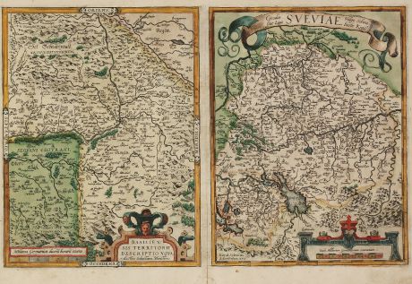 Antike Landkarten, Ortelius, Deutschland, Süddeutschland, Schweiz, Basel, Bodensee: Basiliensis Territorii Descriptio Nova, Auctore Sebastiano Munstero / Circulus sive Liga Sueviae, vulgo Schwabische Kraiss