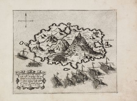 Antique Maps, Camocio, Greece, Tinos, 1571: Tine insula, e citte antiqua posta nella Arcipelago...