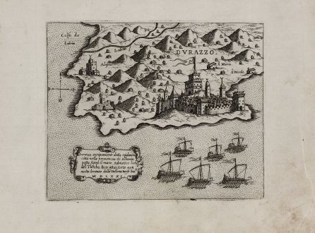 Antique Maps, Camocio, Balkan, Albania, Durres, 1571: Durazzo antiquamente detta epidamna citta nella provincia di Albania ... MDLXXI