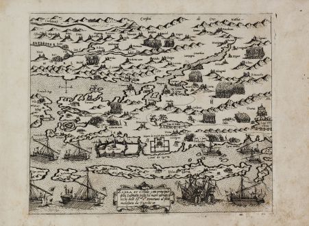 Antike Landkarten, Camocio, Balkan, Kroatien, Zadar, 1571: Zarra et Contado citta principale della Dalmatia posta sul mare adriatico loco Ihr.me Sri. Venetiani al pnte molestata aa...