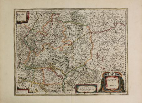 Antike Landkarten, Blaeu, Deutschland, Baden-Württemberg, Schwaben, 1630: Sueviae Nova Tabula.